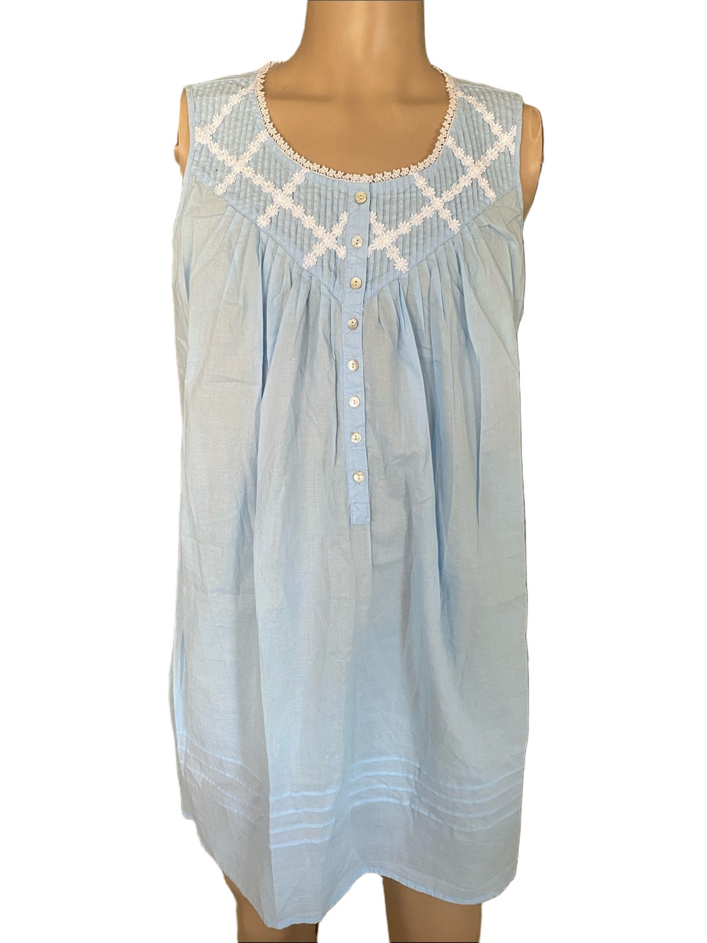Eileen West Light Blue Cotton Nightgown with White Lace Yoke